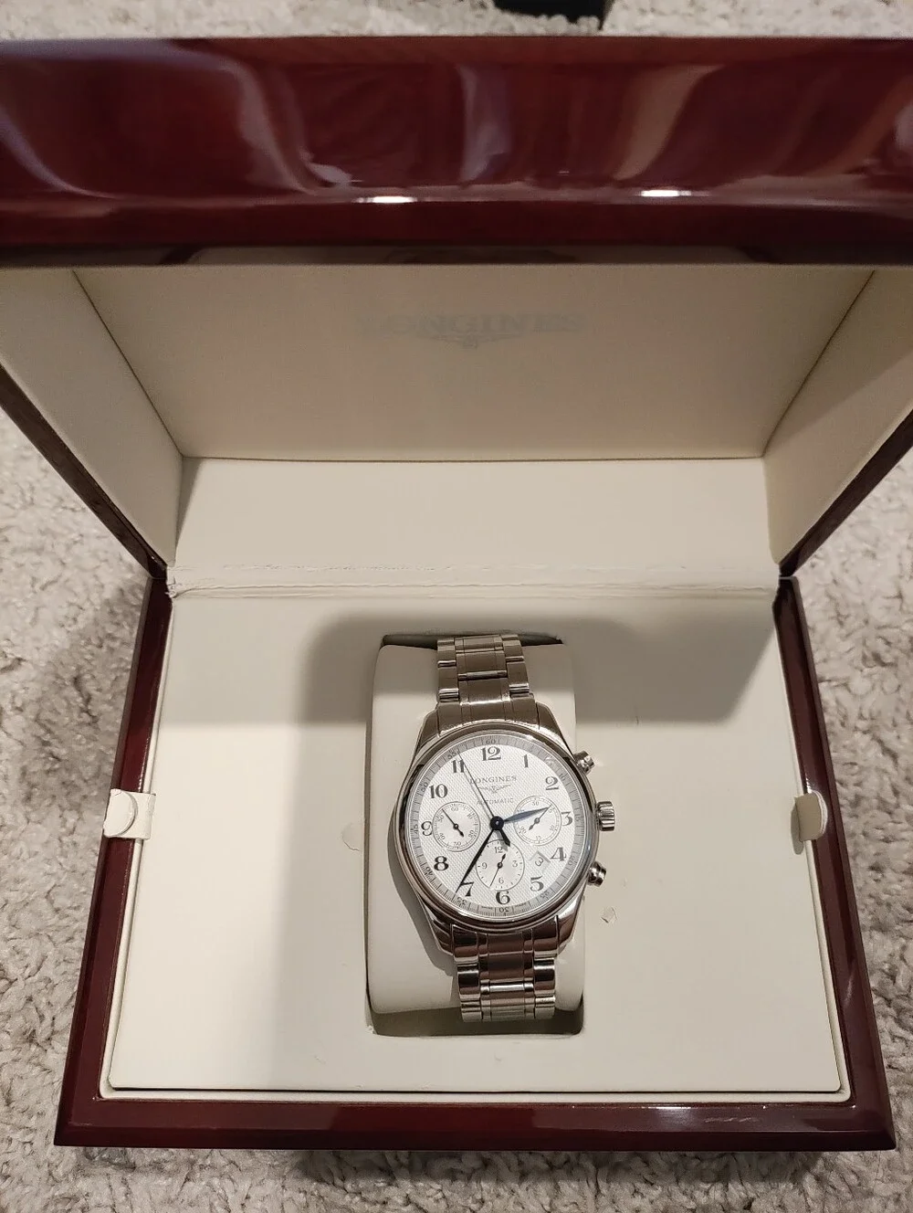 Longines Master Collection Chronograph with White Barelycorn Dial and Blue Hands